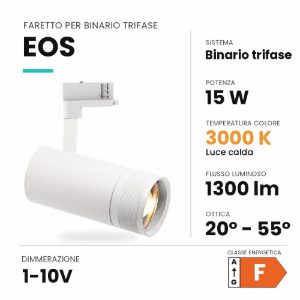 Ideal lux eos faretto per binario trifase orientabile led 15w 3000k con zoom 1-10v cilindrico bianco