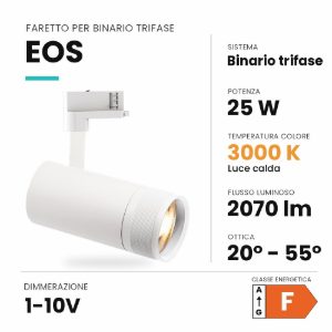 Ideal lux eos faretto per binario trifase orientabile led 25w 3000k con zoom 1-10v cilindrico bianco