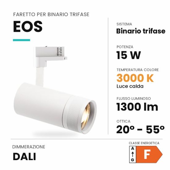 Ideal lux eos faretto per binario trifase orientabile led 15w 3000k con zoom dali cilindrico bianco