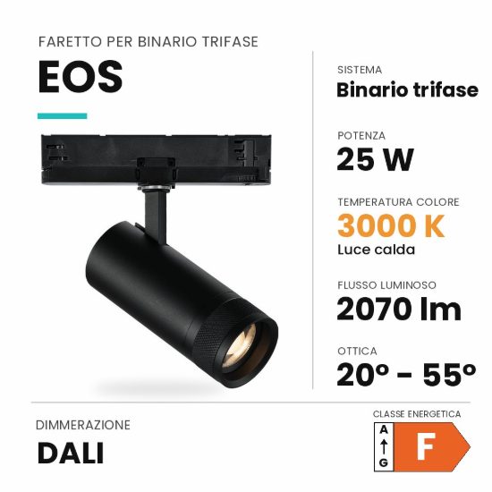 Ideal lux eos faretto per binario trifase orientabile led 25w 3000k con zoom dali cilindrico nero