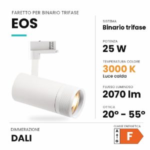 Ideal lux eos faretto per binario trifase orientabile led 25w 3000k con zoom dali cilindrico bianco