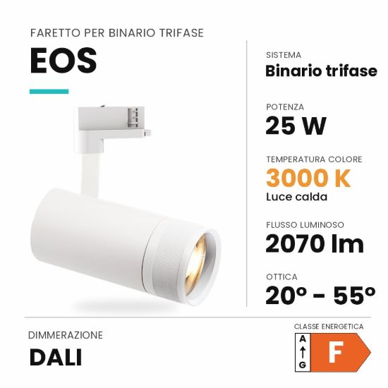 Ideal lux eos faretto per binario trifase orientabile led 25w 3000k con zoom dali cilindrico bianco