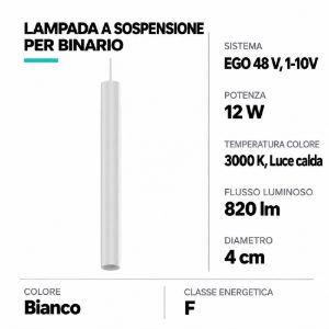Ideal lux ego pendant tube lampada a sospensione per binario led 12w 3000k 4cm 1-10v bianca