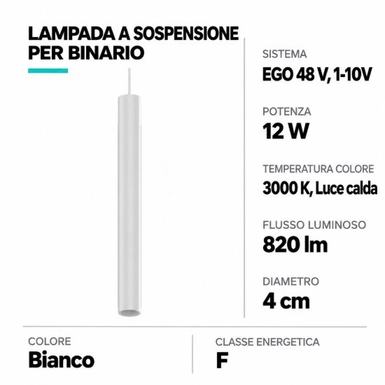 Ideal lux ego pendant tube lampada a sospensione per binario led 12w 3000k 4cm 1-10v bianca