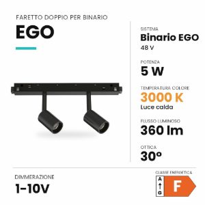 Ideal lux ego faretto doppio per binario 48v orientabile led 5w 3000k 1-10v nero