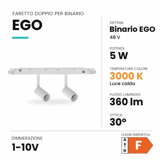 Ideal lux ego faretto doppio per binario 48v orientabile led 5w 3000k 1-10v bianco
