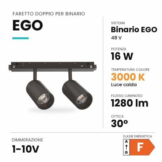 Ideal lux ego faretto doppio per binario 48v orientabile led 16w 3000k 1-10v nero