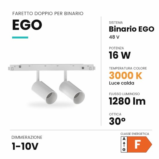Ideal lux ego faretto doppio per binario 48v orientabile led 16w 3000k 1-10v bianco