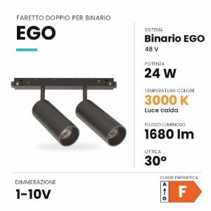 Ideal lux ego faretto doppio per binario 48v orientabile led 24w 3000k 1-10v nero