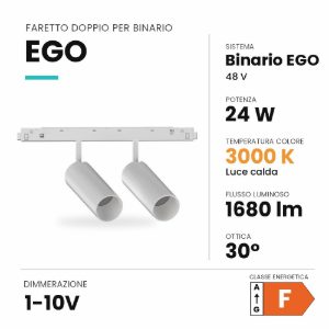 Ideal lux ego faretto doppio per binario 48v orientabile led 24w 3000k 1-10v bianco