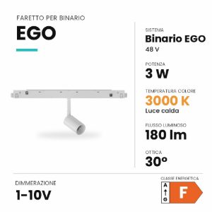 Ideal lux ego faretto per binario 48v orientabile led 3w 3000k 1-10v bianco
