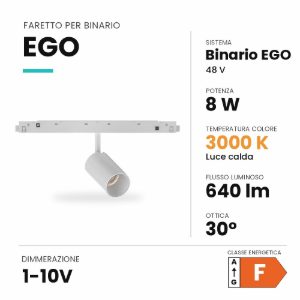 Ideal lux ego faretto per binario 48v orientabile led 8w 3000k 1-10v bianco