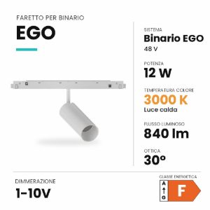 Ideal lux ego faretto per binario 48v orientabile led 12w 3000k 1-10v bianco