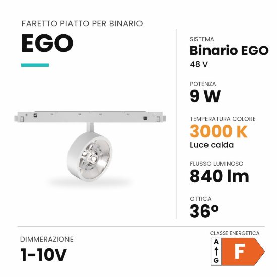 Ideal lux ego faretto piatto per binario 48v orientabile led 9w 3000k 1-10v bianco