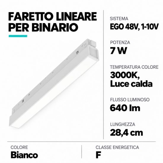 Ideal lux ego wide faretto lineare per binario led 7w 3000k 28,4cm 1-10v bianco