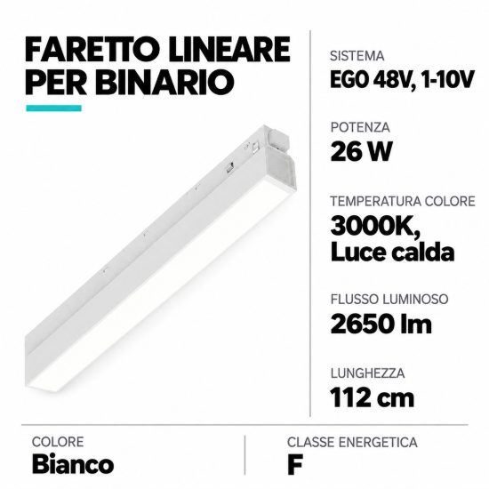 Ideal lux ego wide faretto lineare per binario led 26w 3000k 112cm 1-10v bianco