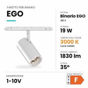 Ideal lux ego faretto per binario 48v orientabile led 19w 3000k 1-10v bianco