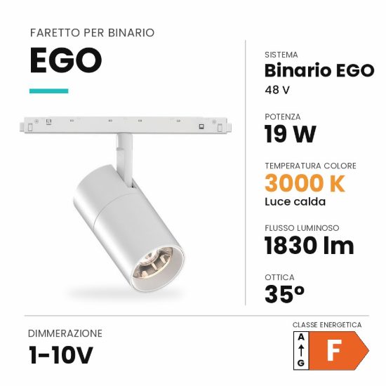 Ideal lux ego faretto per binario 48v orientabile led 19w 3000k 1-10v bianco