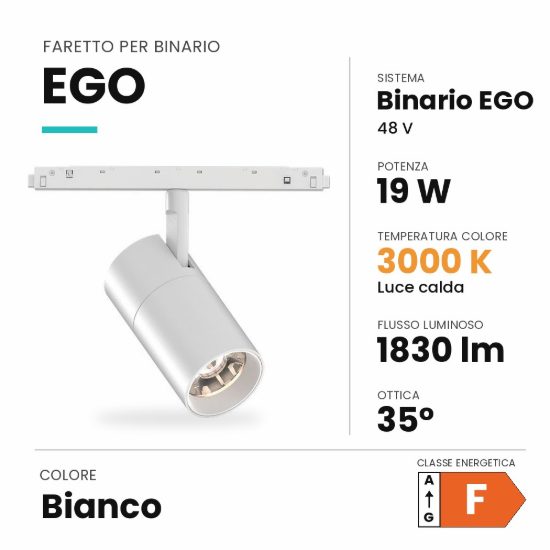 Ideal lux ego faretto per binario 48v orientabile led 19w 3000k bianco