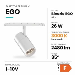 Ideal lux ego faretto per binario 48v orientabile led 26w 3000k 1-10v bianco