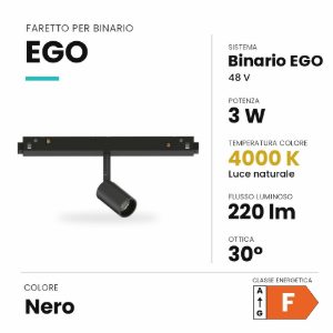 Ideal lux ego faretto per binario 48v orientabile led 3w 4000k nero
