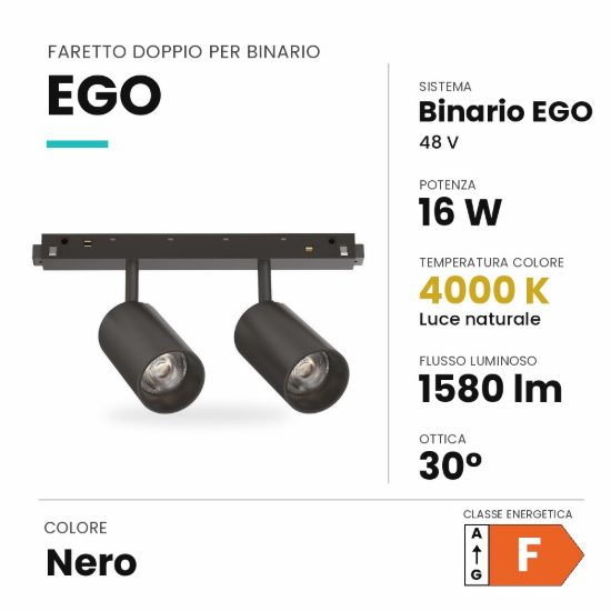 Ideal lux ego faretto doppio per binario 48v orientabile led 16w 4000k nero