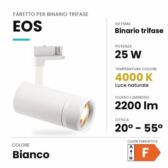 Ideal lux eos faretto per binario trifase orientabile led 25w 4000k con zoom cilindrico bianco