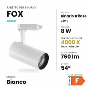 Ideal lux fox faretto per binario trifase orientabile led 8w 4000k cilindrico bianco