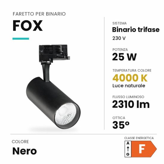 Ideal lux fox faretto per binario trifase orientabile led 25w 4000k cilindrico nero