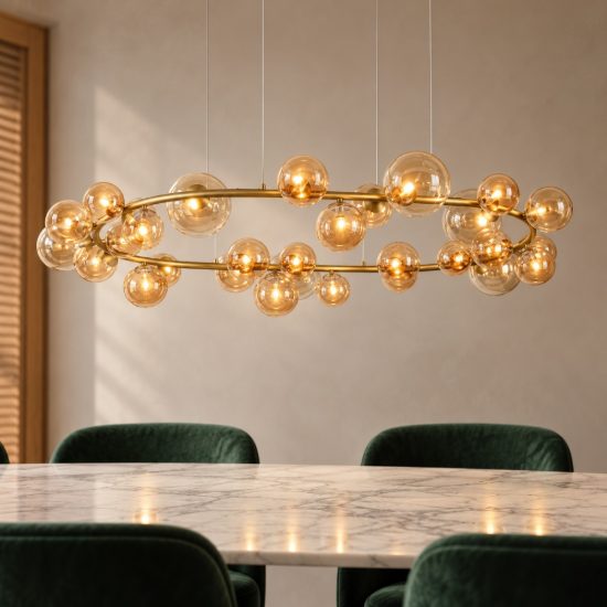 Ideal lux perlage lampadario ad anello ovale 30 luci per sala da pranzo sfere in vetro ambra