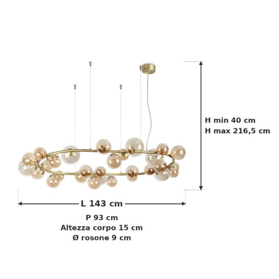Ideal lux perlage lampadario ad anello ovale 30 luci per sala da pranzo sfere in vetro ambra