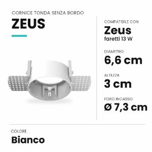 Ideal lux zeus cornice tonda senza bordo per faretti da incasso 13w bianca