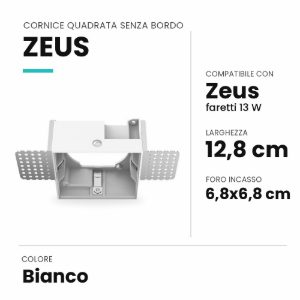 Ideal lux zeus cornice quadrata senza bordo per faretti da incasso 13w bianca