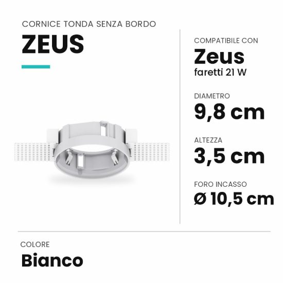 Ideal lux zeus cornice tonda senza bordo per faretti da incasso 21w bianca