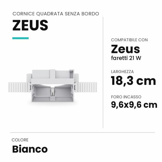 Ideal lux zeus cornice quadrata senza bordo per faretti da incasso 21w bianca