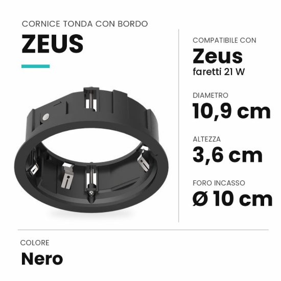 Ideal lux zeus cornice tonda con bordo per faretti da incasso 21w nera