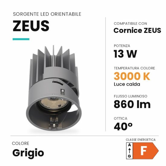 Ideal lux zeus sorgente led orientabile per faretti da incasso 13w 3000k 5,6cm grigio