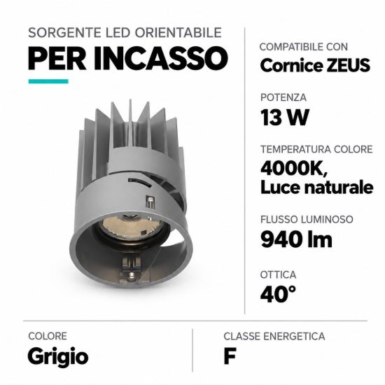 Ideal lux zeus sorgente led orientabile per faretti da incasso 13w 4000k 5,6cm grigio