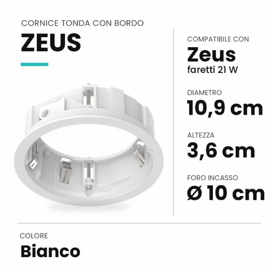 Ideal lux zeus cornice tonda con bordo per faretti da incasso 21w bianca