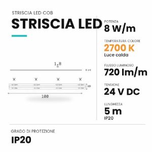 Ideal lux striscia led cob 24v 8w/m 2700k ip20 5m