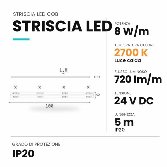 Ideal lux striscia led cob 24v 8w/m 2700k ip20 5m