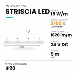 Ideal lux striscia led cob 24v 15w/m 2700k ip20 5m