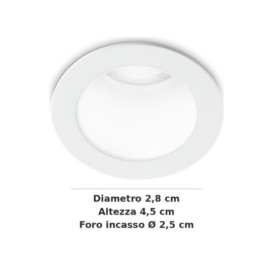 Ideal lux quark faretto da incasso per cartongesso 3w 3000k foro 2,5cm rotondo bianco