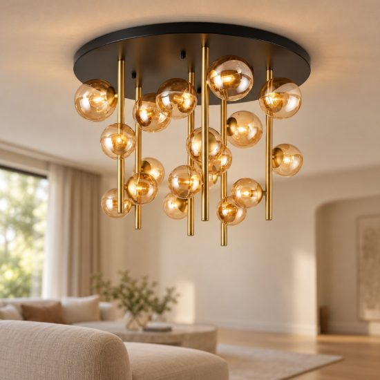 Ideal lux perlage plafoniera con pendenti 18 luci per soggiorno con sfere in vetro ambra