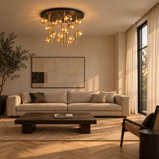 Ideal lux perlage plafoniera con pendenti 18 luci per soggiorno con sfere in vetro ambra