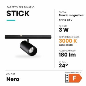 Ideal lux stick faretto per binario magnetico 48v orientabile led 3w 3000k nero