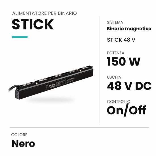 Ideal lux stick alimentatore da binario on-off 150w 48v per binario magnetico nero