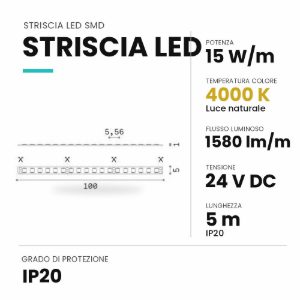 Ideal lux striscia led 24v smd larghezza 5mm 15w/m 4000k ip20 5m