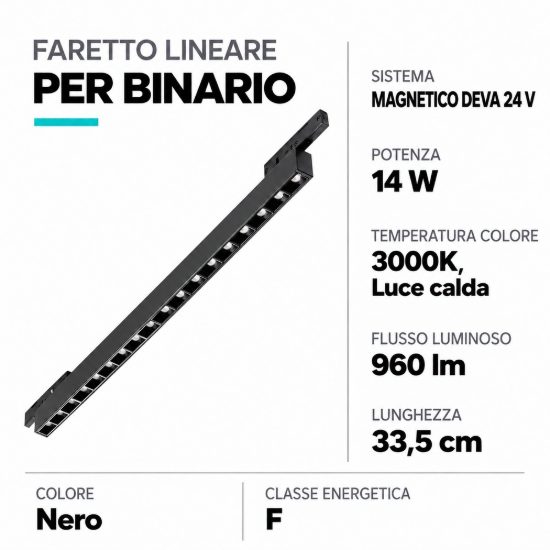 Ideal lux deva accent faretto lineare per binario magnetico led 14w 3000k 33,5cm moderno nero
