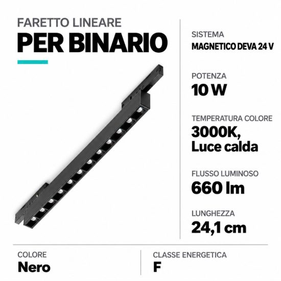 Ideal lux deva accent faretto lineare per binario magnetico led 10w 3000k 24,1cm moderno nero